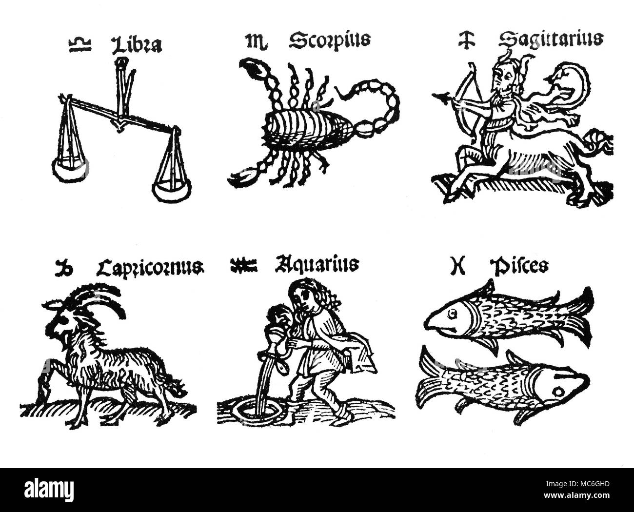 ZODIAC SIGNS The first six images of the zodiac signs, with related sigil and name. From left to right: Libra, Scorpio, Sagittarius, Capricorn, Aquarius and Pisces. Early 16th century. Stock Photo