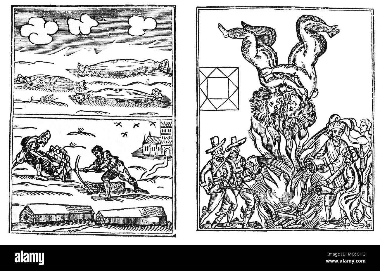ASTROLOGY - HIEROGLYPHICS Two 'hieroglyphics', or aenigmatic plates, published by the English astrologer, William Lilly, circa 1651. The image to the left was taken as a prediction of the Great Plague of 1665. The image to the right was taken as a prediction of the Great Fire, which destroyed much of London in 1666. The link with London is clearly set out in astrological terms, for the twins hovering over the fire represent Gemini - the zodiac sign that rules London. From Richard A. Proctor, Myths and Marvels of Astronomy, 1889. Stock Photo