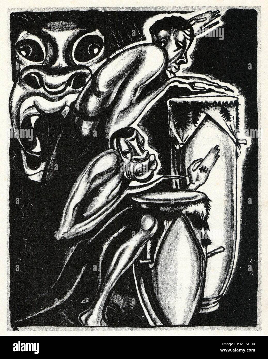 VOODOO - RADA DRUMS Rada drums being played during the preparation for a Voodoo ritual before the altar in the houmfort, or mystery house. Illustration by A. King, for W.B. Seabrook, The Magic Island, 1929. Stock Photo