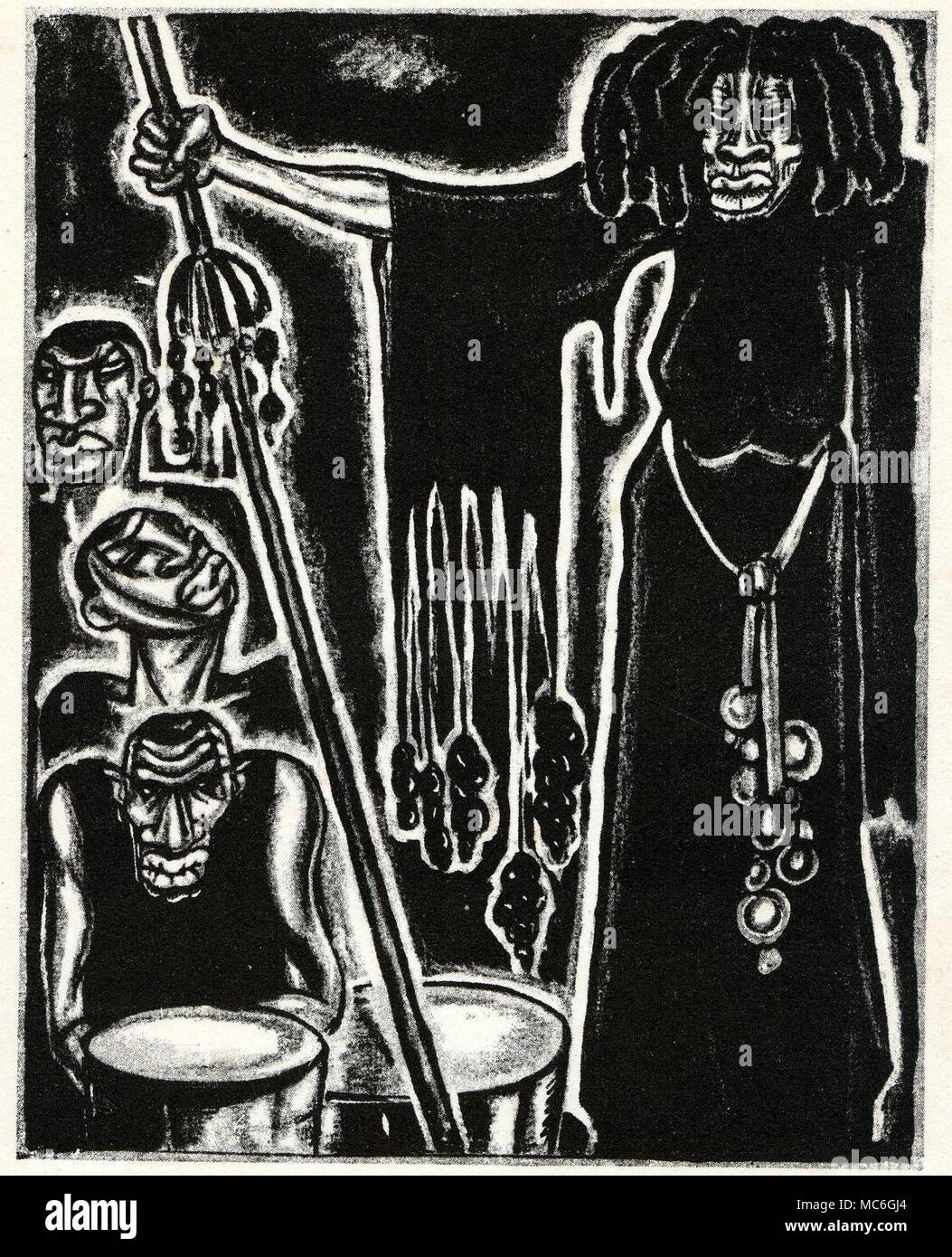 VOODOO - MAMALOI The mamaloi, or Voodoo priest, participating in a ceremonial processional, dressed in a scarlet robe and feathered head-dress, making the equivalent of a dervish dance as she approached the altar. Illustration by A. King, for W.B. Seabrook, The Magic Island, 1929. Stock Photo