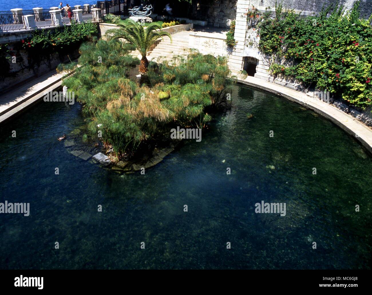 The sacred well or spring of Arethusa, mentioned in the songs of Virgil and Pindar. Stock Photo