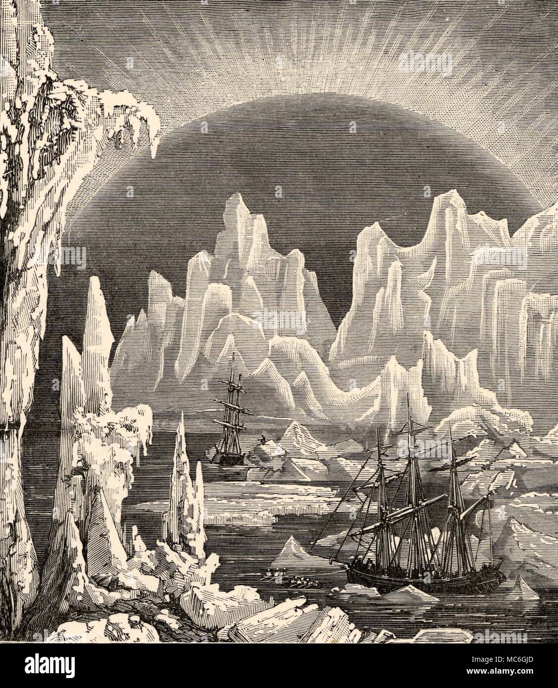 STRANGE PHENOMENA The Erebus and Terror caught in the ice-flows. Wood engraving from The World of Wonders. Stock Photo
