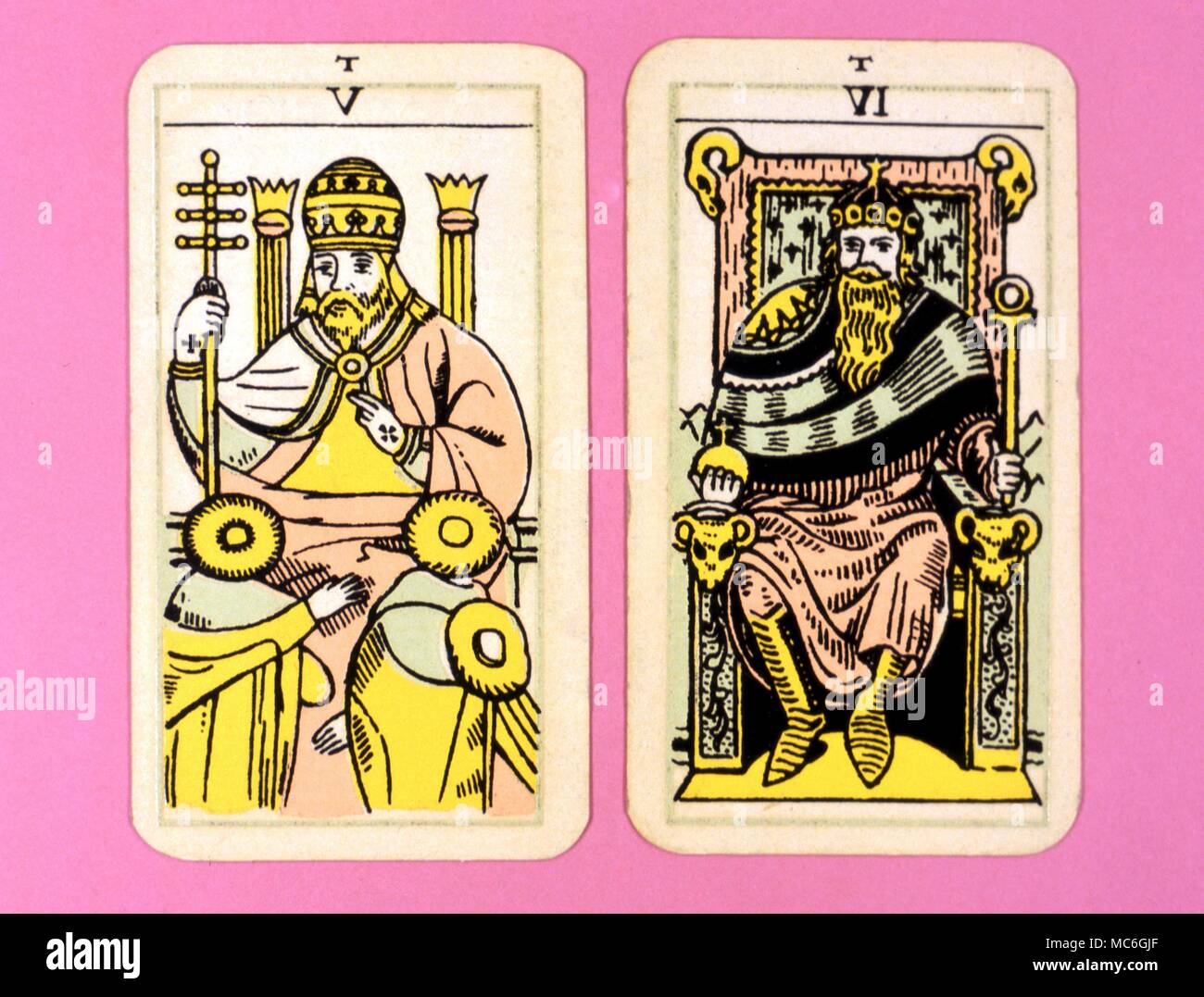 Tarot Cards-Majo Arcana- The Parisian Tarot. Card 4. The Emperor, and Card 5. The Pope. Two cards from a Major Arcana picture Tarot, probably designed in an archaizing style in loose imitation of the Rosicrucian deck designed by Pamela Coleman Smith, alongside A.E.Waite, and various earlier decks, such as that published by Encausse (Papus) in The Tarot of the Bohemians at the end of the 19th century, post 1905, but earlier than 1912. The name Parisian Tarot was given by the owner of the deck - it might however be called the Tau Tarot, from the intriguing letter Tau at the head of each card. Stock Photo