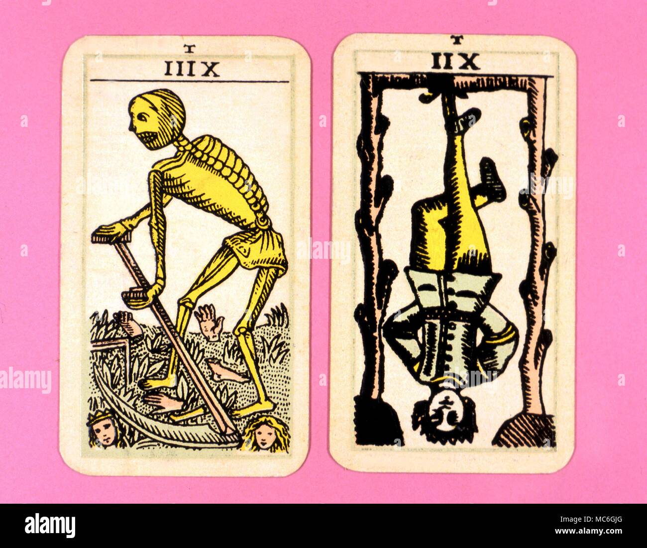 Tarot Cards-Majo Arcana- The Parisian Tarot. Card 12. The Hanging Man and Card 13. The Death Card. Two cards a Major Arcana picture Tarot, probably designed in an archaizing style in