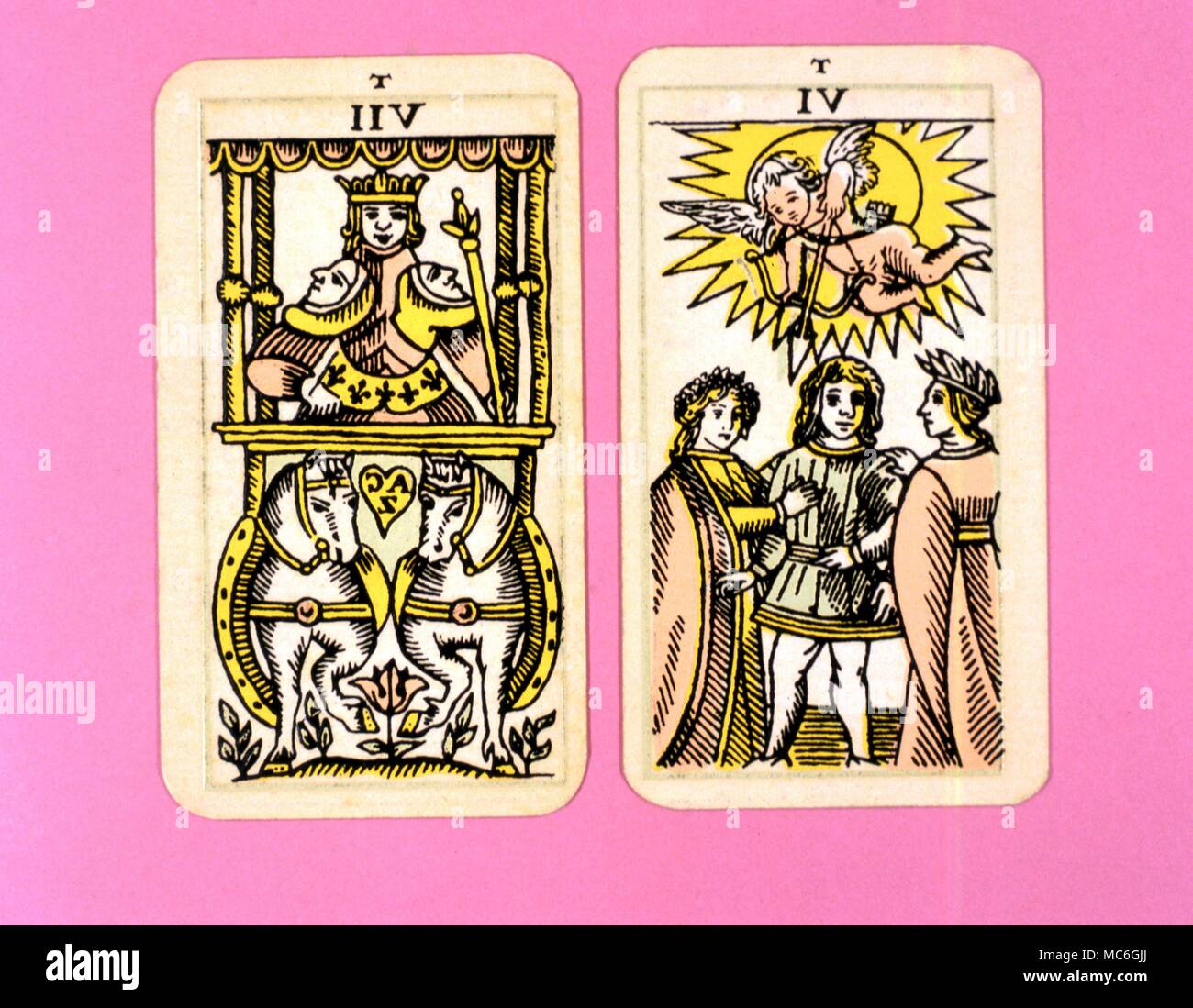 Tarot Cards-Majo Arcana- The Parisian Tarot. Card 6. The Lovers and Card 7. The Chariot. Two cards from a Major Arcana picture Tarot, probably designed in an archaizing style in loose imitation of the Rosicrucian deck designed by Pamela Coleman Smith, alongside A.E.Waite, and various earlier decks, such as that published by Encausse (Papus) in The Tarot of the Bohemians at the end of the 19th century, post 1905, but earlier than 1912. The name Parisian Tarot was given by the owner of the deck - it might however be called the Tau Tarot, from the intriguing letter Tau at the head of each card. Stock Photo