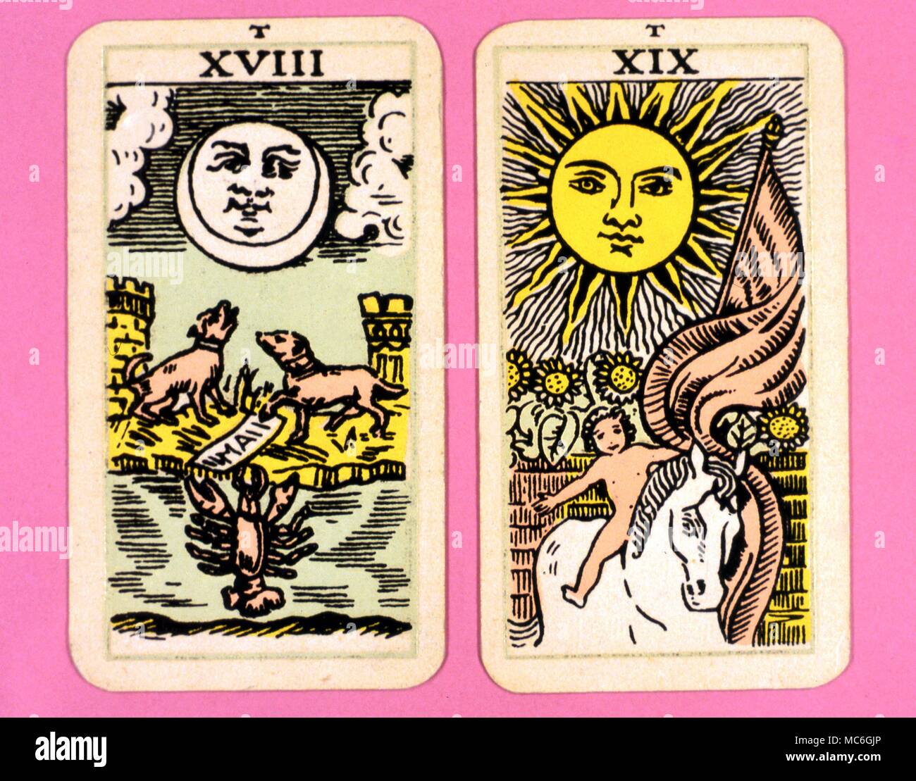 Tarot Cards-Majo Arcana- The Parisian Tarot. Card 18. The Moon, and Card 19. The Sun. Two cards from a Major Arcana picture Tarot, probably designed in an archaizing style in loose imitation of the Rosicrucian deck designed by Pamela Coleman Smith, alongside A.E.Waite, and various earlier decks, such as that published by Encausse (Papus) in The Tarot of the Bohemians at the end of the 19th century, post 1905, but earlier than 1912. The name Parisian Tarot was given by the owner of the deck - it might however be called the Tau Tarot, from the intriguing letter Tau at the head of each card. Stock Photo