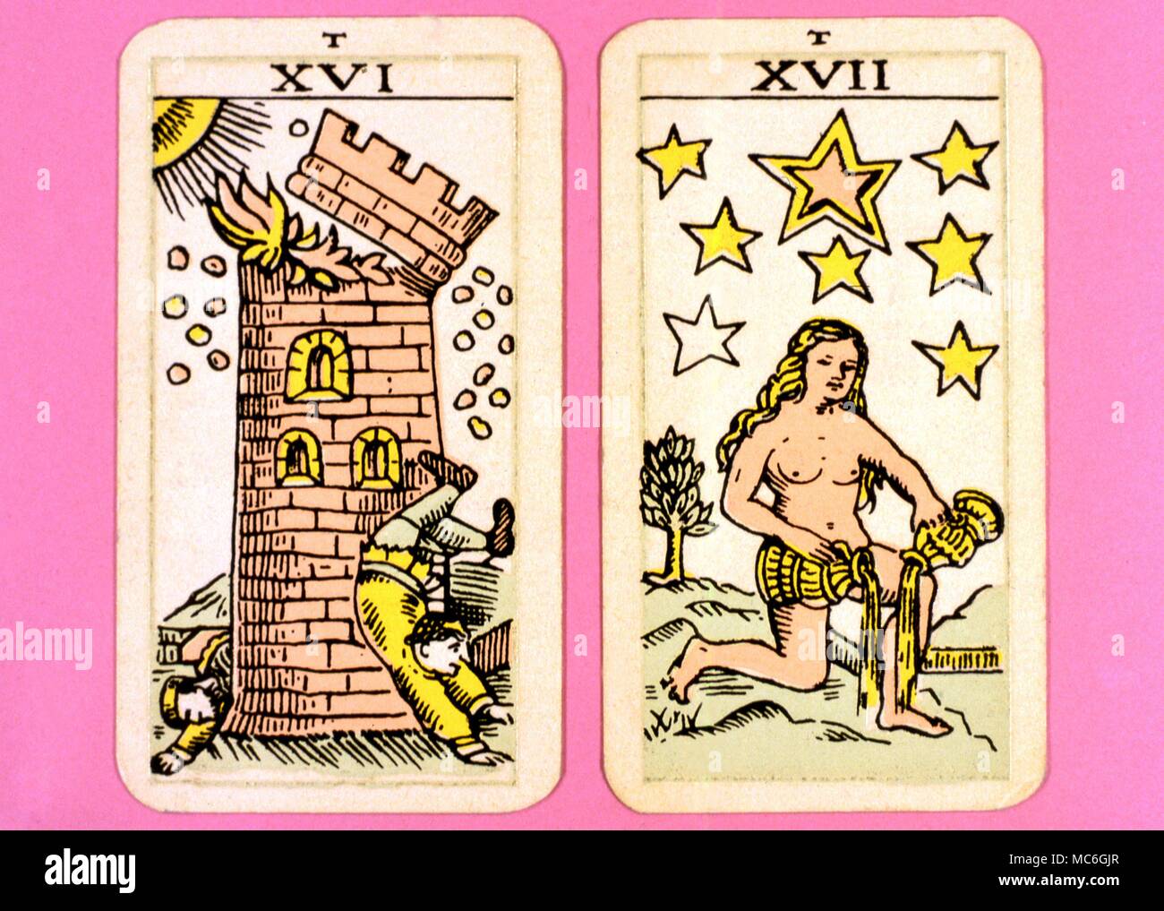 Tarot Cards-Majo Arcana- The Parisian Tarot. Card 16. The House of God, and Card 17. The Star. Two cards from a Major Arcana picture Tarot,adapted by a Wiccan group. Probably designed in an archaizing style in loose imitation of the Rosicrucian deck designed by Pamela Coleman Smith, alongside A.E.Waite, and various earlier decks, such as that published by Encausse (Papus) in The Tarot of the Bohemians at the end of the 19th century, post 1905, but earlier than 1912. The name Parisian Tarot was given by the owner of the deck - it might however be called the Tau Tarot, from the intriguing lette Stock Photo
