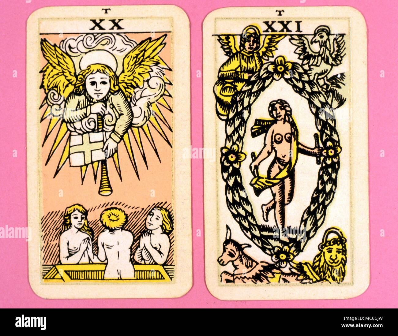Tarot Cards-Majo Arcana- The Parisian Tarot. Card 20. The Judgement, and Card 21. The World. Two cards from a Major Arcana picture Tarot,adapted by a Wiccan group. Probably designed in an archaizing style in loose imitation of the Rosicrucian deck designed by Pamela Coleman Smith, alongside A.E.Waite, and various earlier decks, such as that published by Encausse (Papus) in The Tarot of the Bohemians at the end of the 19th century, post 1905, but earlier than 1912. The name Parisian Tarot was given by the owner of the deck - it might however be called the Tau Tarot, from the intriguing letter Stock Photo