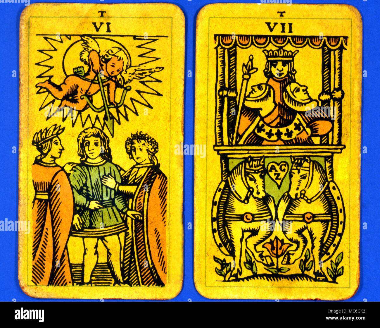 Tarot Cards-Majo Arcana- The Parisian Tarot. Card 6. The Lovers and Card 7.  The Chariot. Two cards from a Major Arcana picture Tarot, probably designed  in an archaizing style in loose imitation
