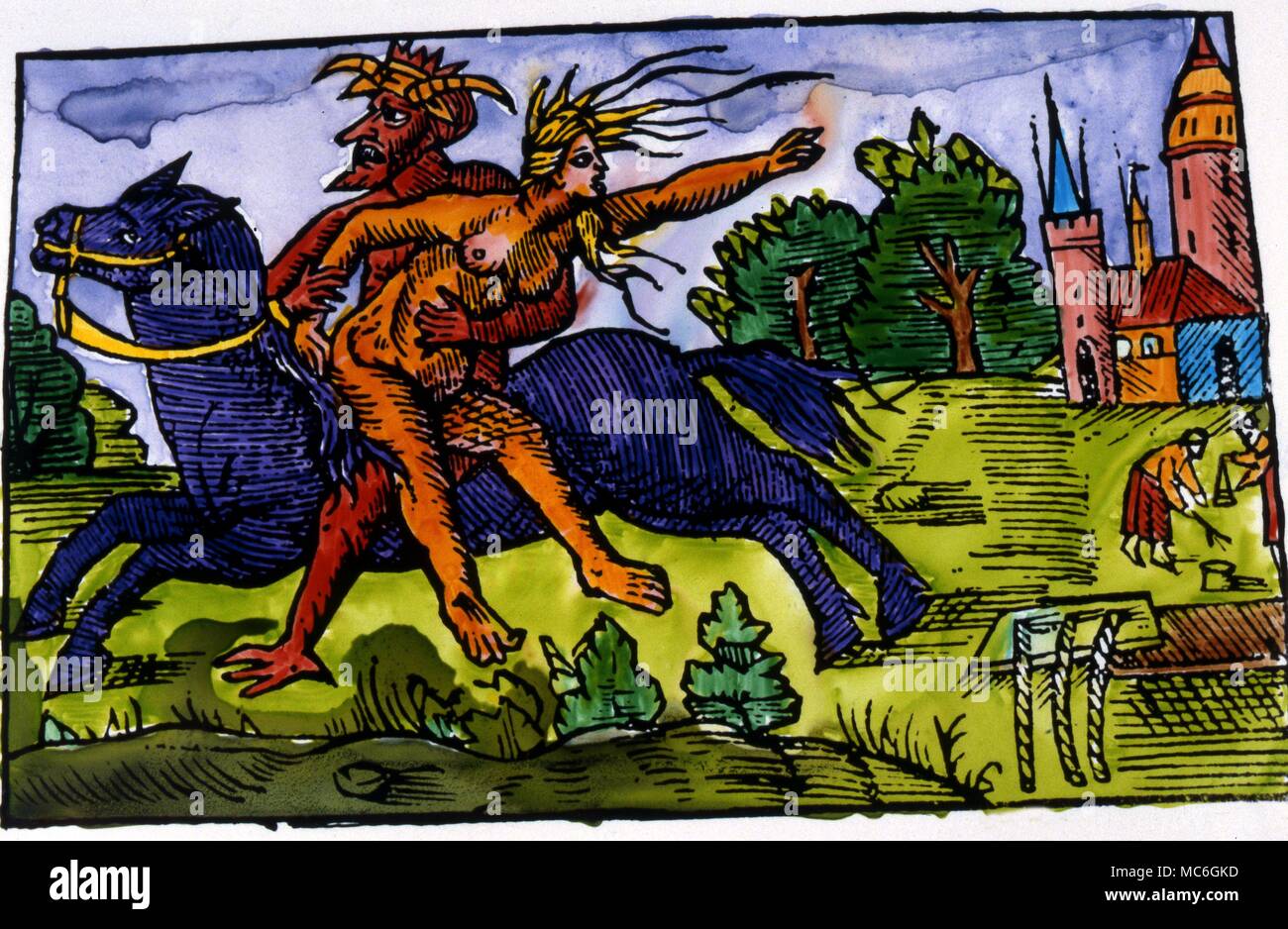 Demon carrying off a witch to hell. Woodcut from Ulrich Molitor. 16th century Stock Photo