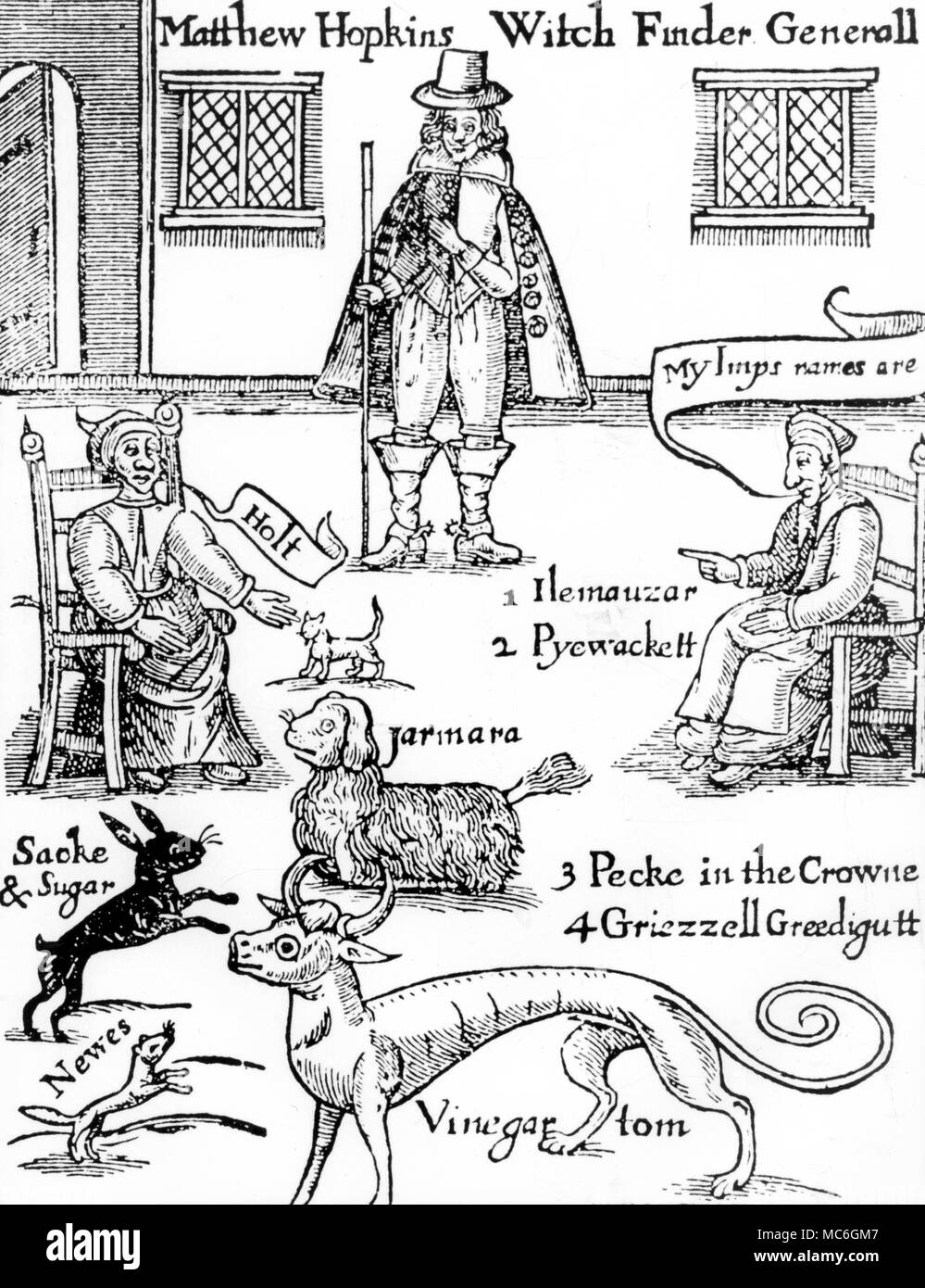 The self-proclaimed 'Witchfinder General', Matthew Hopkins with two of his female vistims. The woman to the right is Elizabeth Clark, naming her imps, or familiars, which Hopkins claimed, under oath, he had seen in her cell. Clark was hanged on this evidence. Frontispiece to Hopkin's Discovery of Witches, 1647. Stock Photo