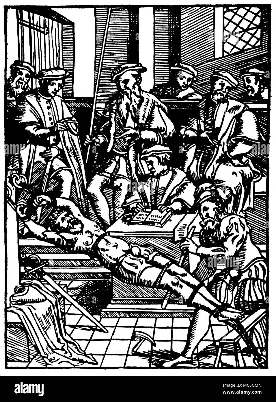 WITCHCRAFT - TORTURE Torture was permitted in most legal processes involving witchcraft and heresy (of which witchcraft was an example). Stretching on the rack, or on specially built pulleys, created unbearable torture. As in this illustration, the torturer might apply a tourniquet to tighten the ropes binding the body and legs. During this torture, questions are put to the suspect, and he or she was forced to answer. Wood cut from J. Damhouder, Enchiridion, 1554. Stock Photo