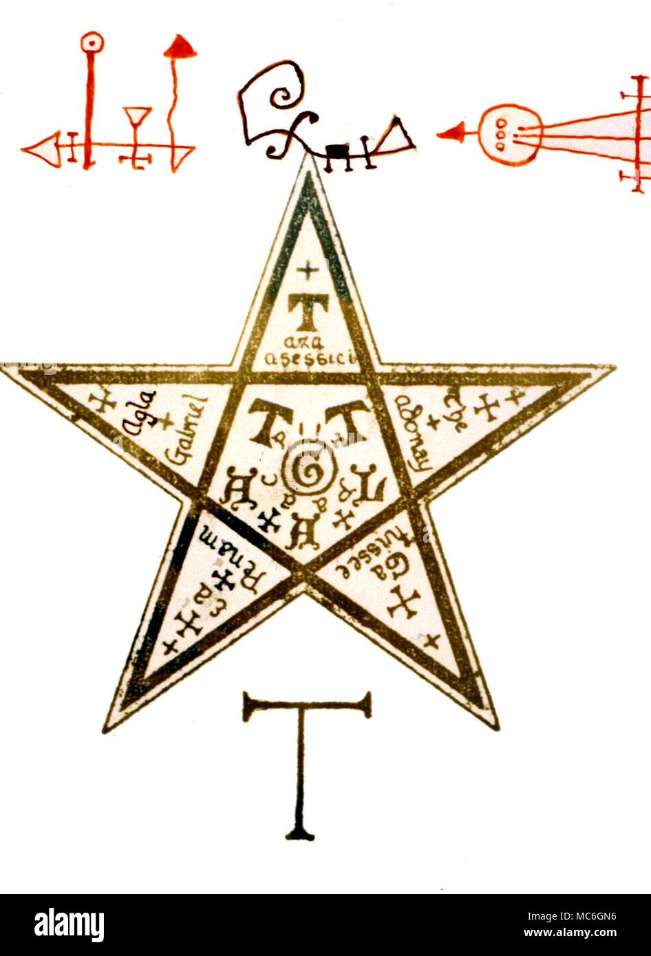 MAGIC SYMBOLS - PENTAGRAM Pentagram, with Tau symbol and three demonic sigils. In the space of the pentagram are a number of other tau symbols and sigils. The sigil in the centre, which closely represents a spiral, may be a G for Geometria - a Masonic symbol. From a 16th century grimoirre Stock Photo