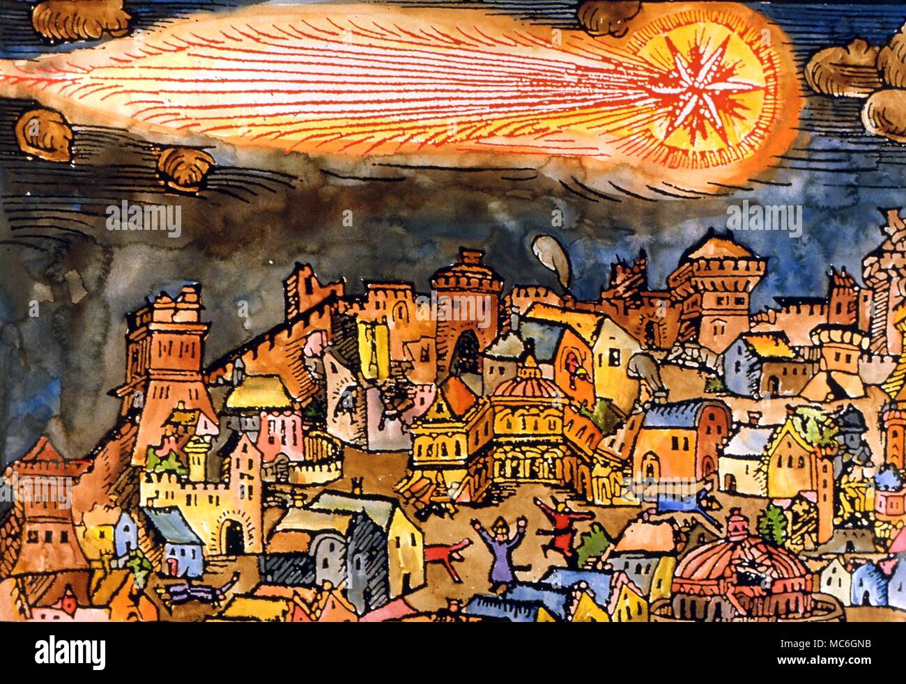 COMETS AND METEORS - German broadsheet of circa 1540 depicting the giant comet terrifying people as it swoops over a mediaeval city. Private collection Stock Photo
