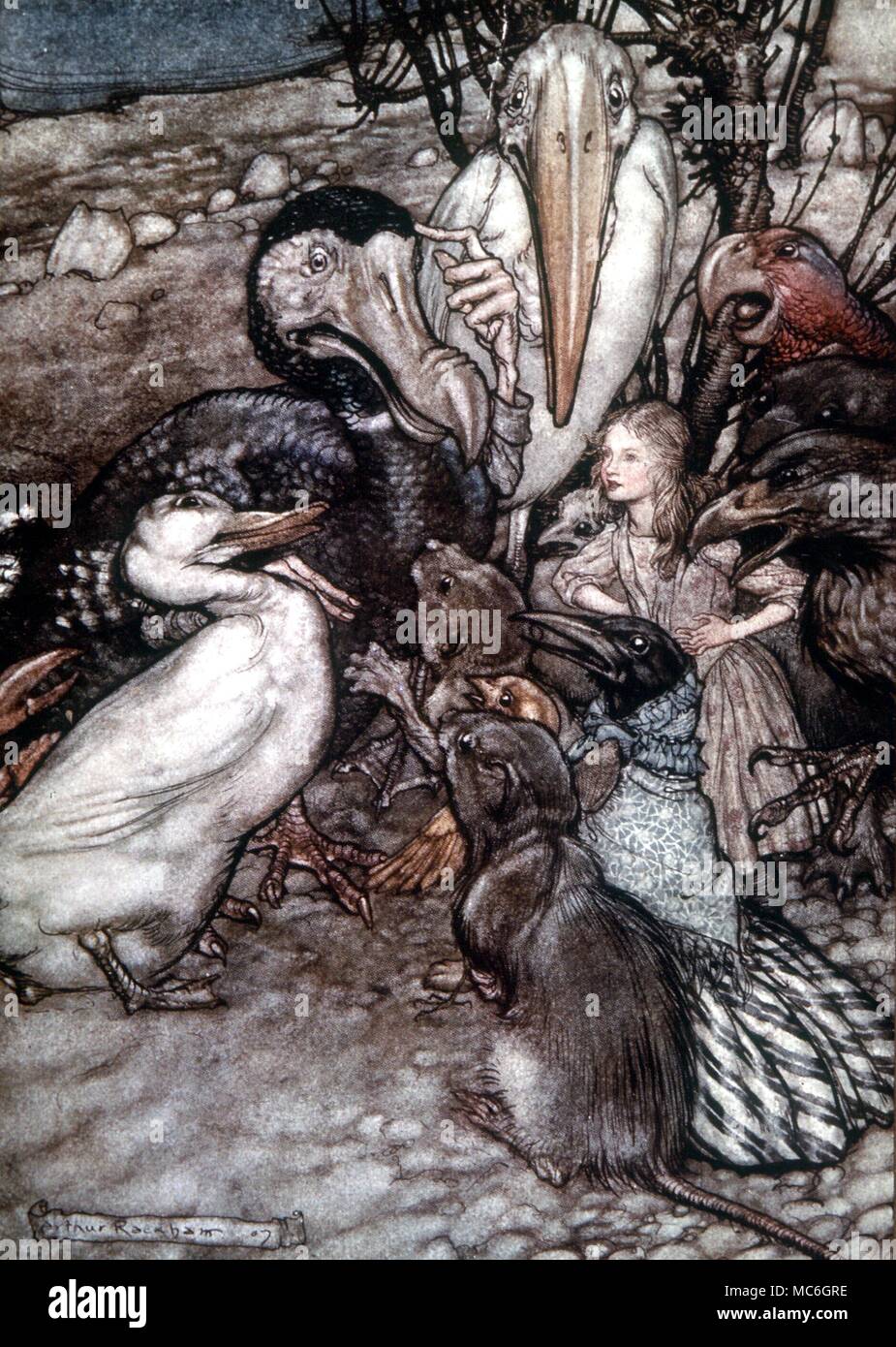 DODO Alice with some of the creatures from Arthur Rackham's illustration for Lewis Carroll's Alice's Adventures in Wonderland, 1907 Stock Photo