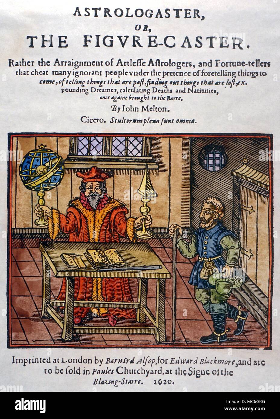 ASTROLOGY - Astrologer with a client. Title-page illustration to John Melton's 'The Astrologasters', or Figure-Caster. 1620 Stock Photo