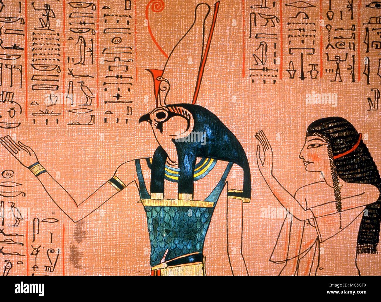 EGYPTIAN MYTHOLOGY - Heru-Netch-Atef. The god - Heru-Netch-Atef leading the soul of the deceased, Lady Anhai, to the pylons of the lower world. From the Papyrus of Anhai, in the Budge lithographs of 'The Book of the Dead' Stock Photo