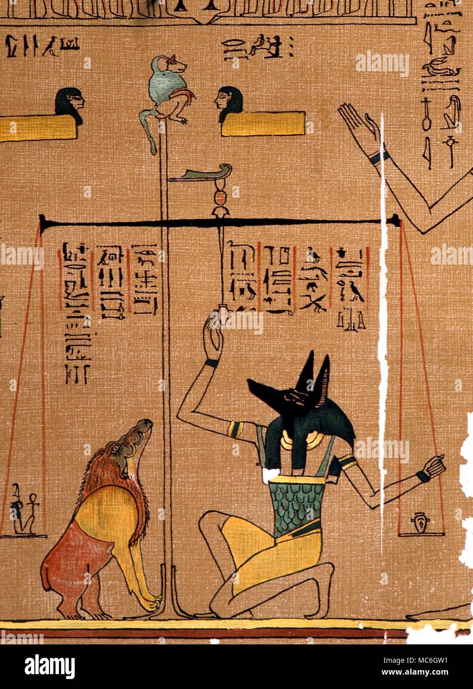 EGYPTIAN MYTHOLOGY - Deatil from The Egyptian Book of the Dead, with jackal-headed Anubis weighing the heart of the newly departed, watched over by Amemit. The baboon finial is almost certainly a symbol of Time Stock Photo