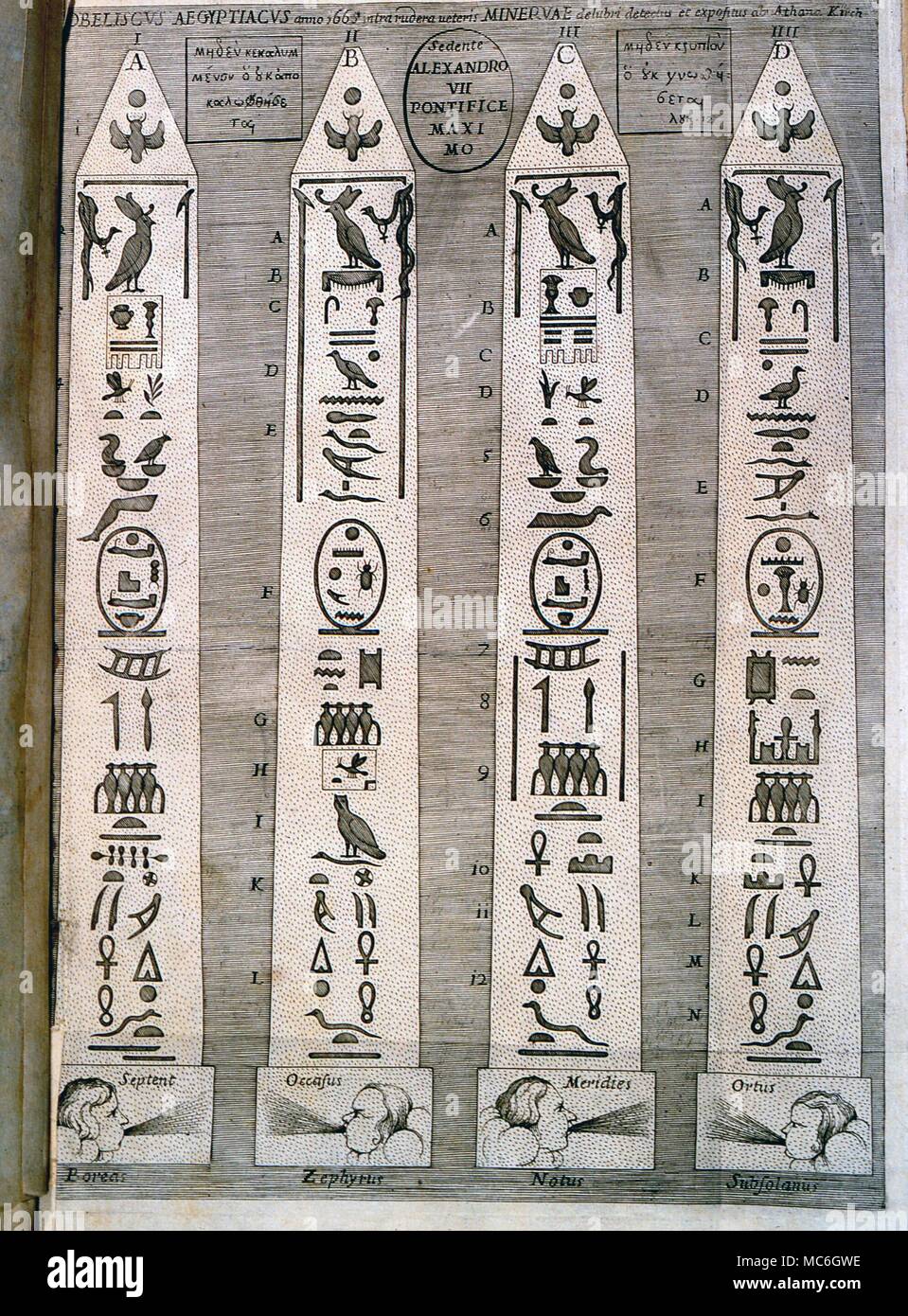 EGYPTIAN MYTHOLOGY - OBELISKS Egyptian obelisks, with hieroglyphics, as illustrated for Athansius Kircher's Spinx Mystagoga, siva Diatribe Hieroglyphicaa de Mumiis, of 1678 Stock Photo