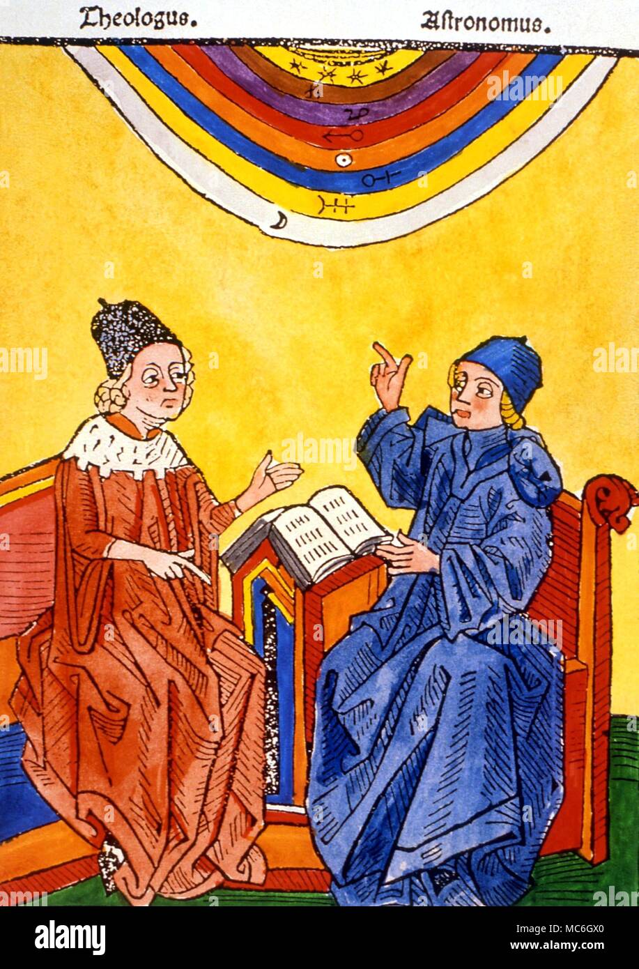 ASTROLOGY - Woodcut showing Theology and Astrologia disputing concerning the wisdom of the stars. After a print from Peter d'Abano's book of astrology and planetary cycles Stock Photo