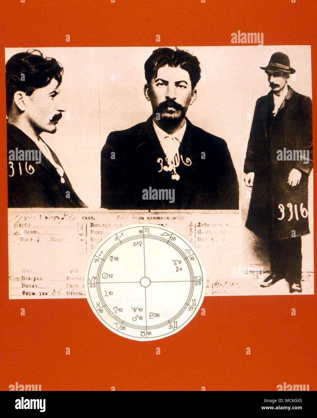 HOROSCOPES - STUDENT WORK-SHEETS. The horoscope of the Russian dictator Stalin, born with Capricorn Ascendant and Sun. The photographs are from the files of the Russian police Stock Photo