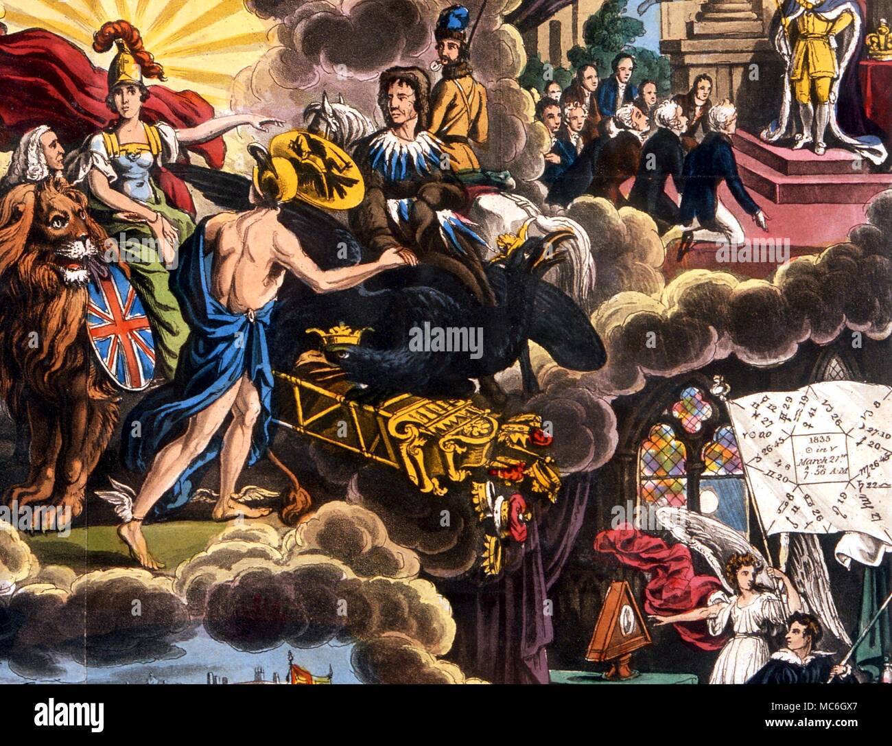 HOROSCOPES - For the beginning of the year. Detail from a hieroglyphic plate (colour) for 1835. from Raphael's Prophetic Messenger Almanac for 1835. Printed by Wm C Wright, London. (credit: from the Dawes Collection) Stock Photo