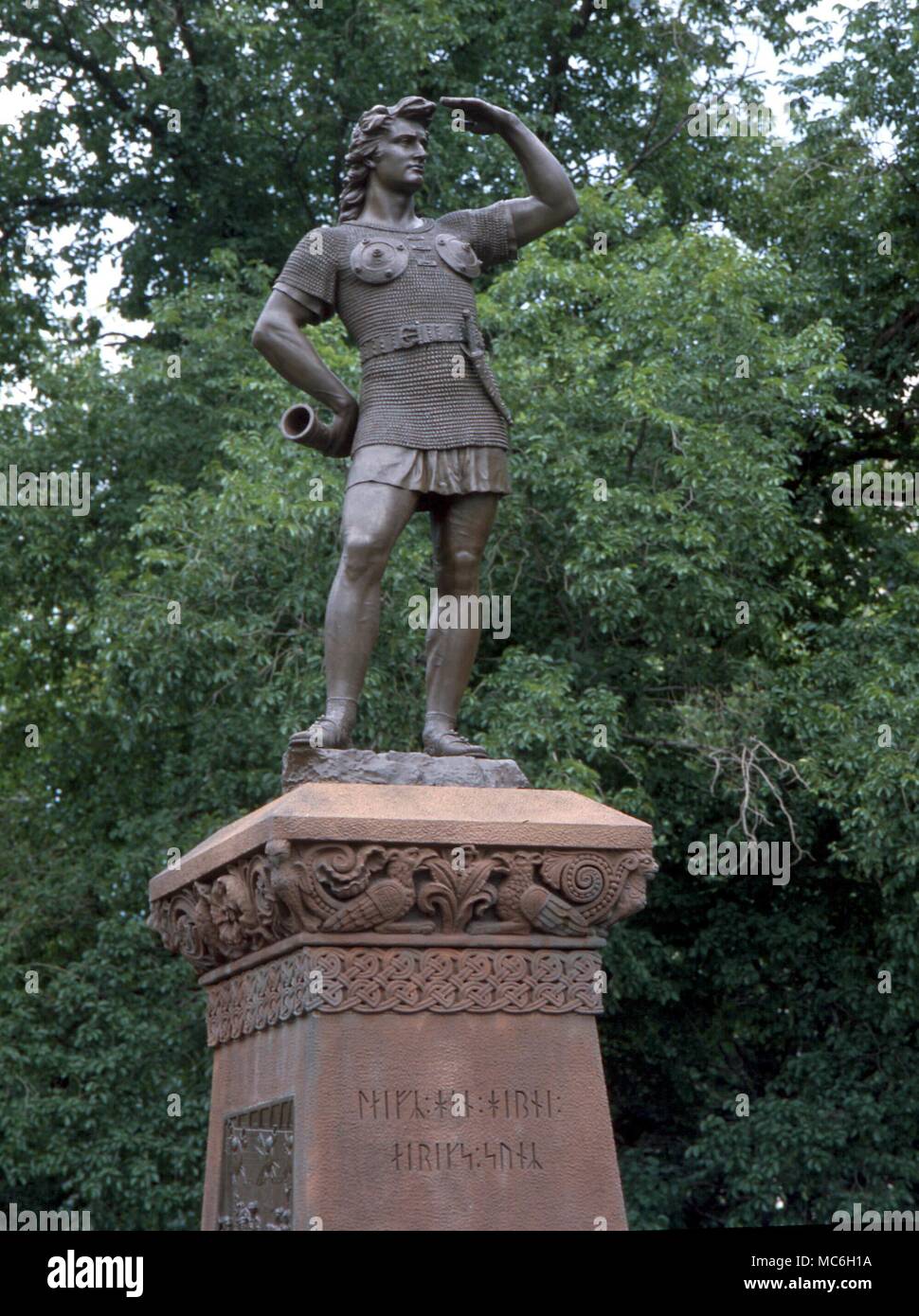 Statue of Leif Ericson, who landed in America circa AD 1000. In Commonwealth Avenue, Boston. On the socle, his names set out in ancient runes Stock Photo