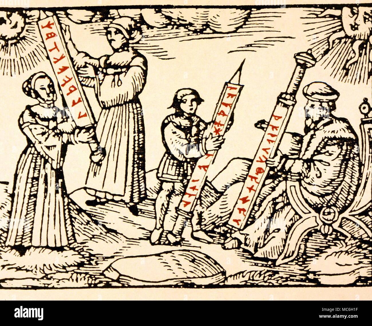 Rune sticks being used by magicians. Plate from Olaus Magnus, 1658 translation of 'A Compendious History of the Goths, Swedes and Vandals'. Private Collection Stock Photo