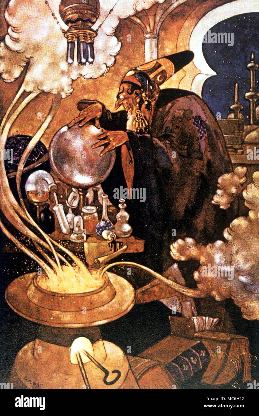 MAGICIANS AND INVOCATION. Magician with bubbling cauldron - an illustration by Rene Bullo, for 'The Arabian Nights', 1912. Loose print Stock Photo