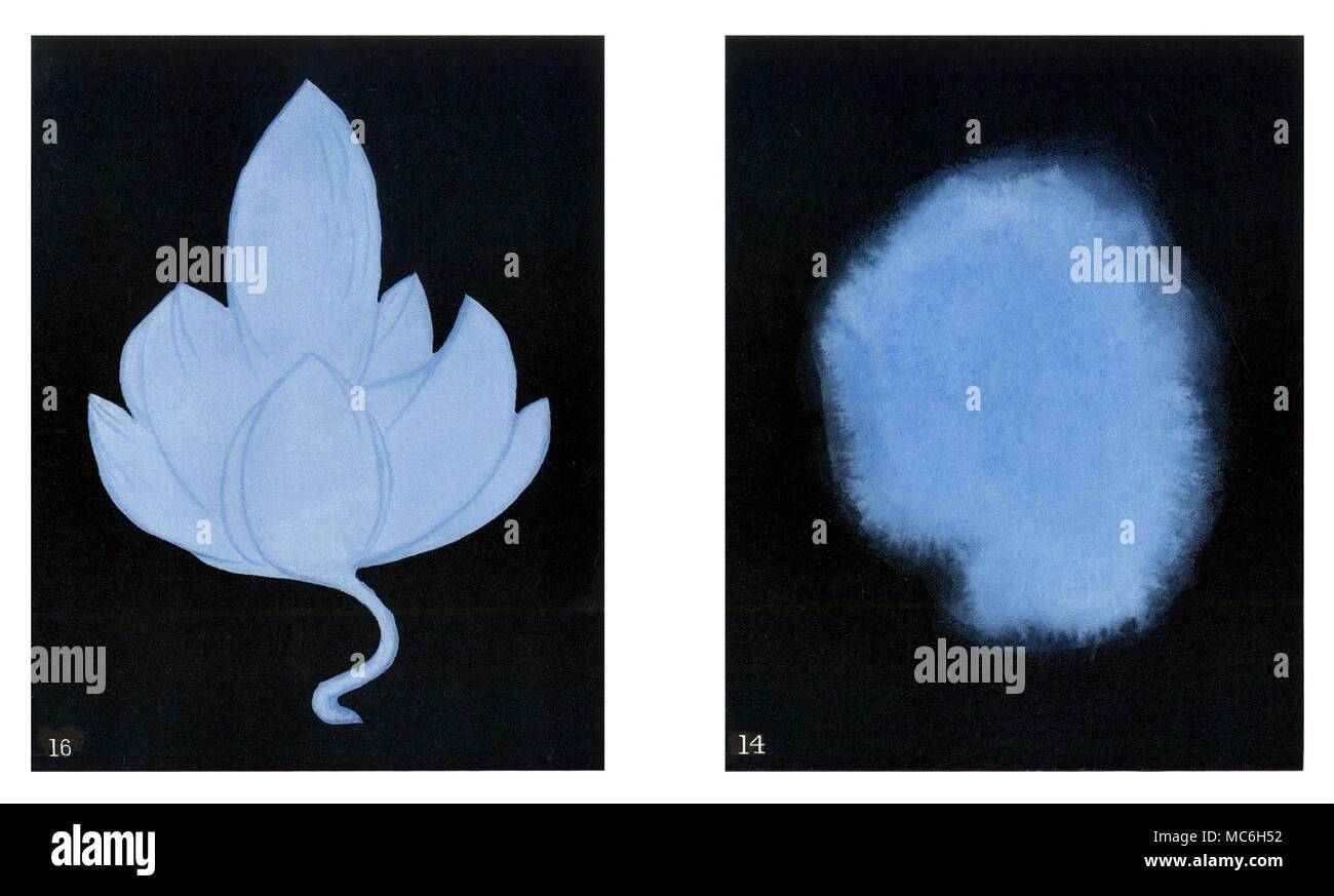 THEOSOPHY - THOUGHT-FORMS - ASTRAL PLANE [Right] Occult vision of what vague religious feeling looks like on the astral plane: such blue forms are frequently seen hovering in a cloud over the heads of the congregation, during a church service. [Left] Occult vision of what a may be seen on the astral plane on the occasion of a feeling of self-renunciation - an act of higher religious devotion. Paintings of thought-forms were originated by a group of Theosophists, towards the end of the nineteenth century. The paintings were done, following the occult observations of such 'thoughts' or 'visi Stock Photo