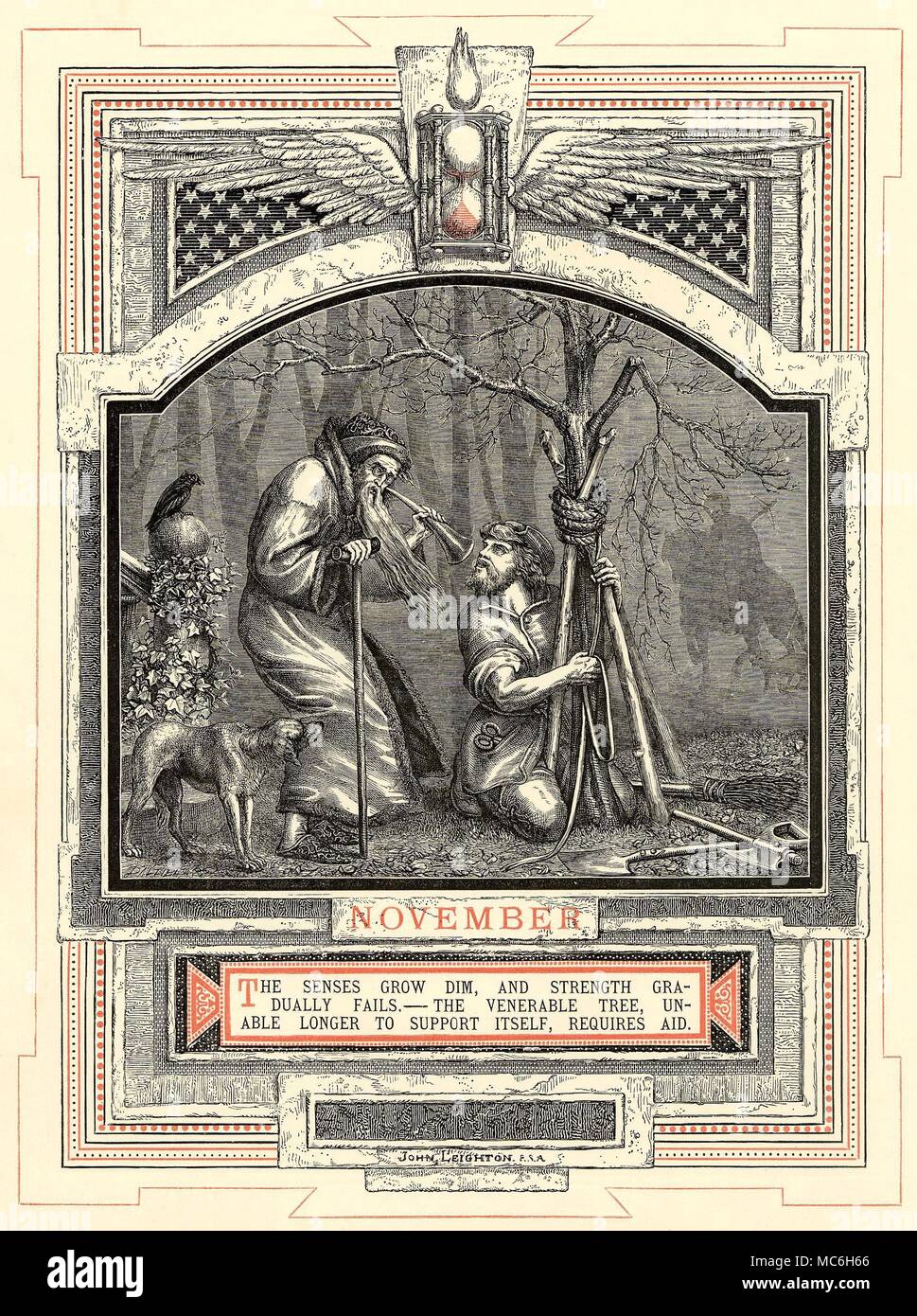 ASTROLOGY - MONTHS OF THE YEAR - NOVEMBER The month of November, from the series by John Leighton, The Life of Man, 1866. The twelve signs (in this case Scorpio) are associated with each of the months during which the Sun is in this zodiac sign. A distinctive stage in the twelve stages of Man's life is also linked with the image - in this case, November is linked with the Censor and the Old Man. By the eleventh month of the year, the winged hour-glass is virtually depleted. The theme is of age and restriction - the man cannot hear, the Ivy smothers the balustrade, the sapling needs supp Stock Photo