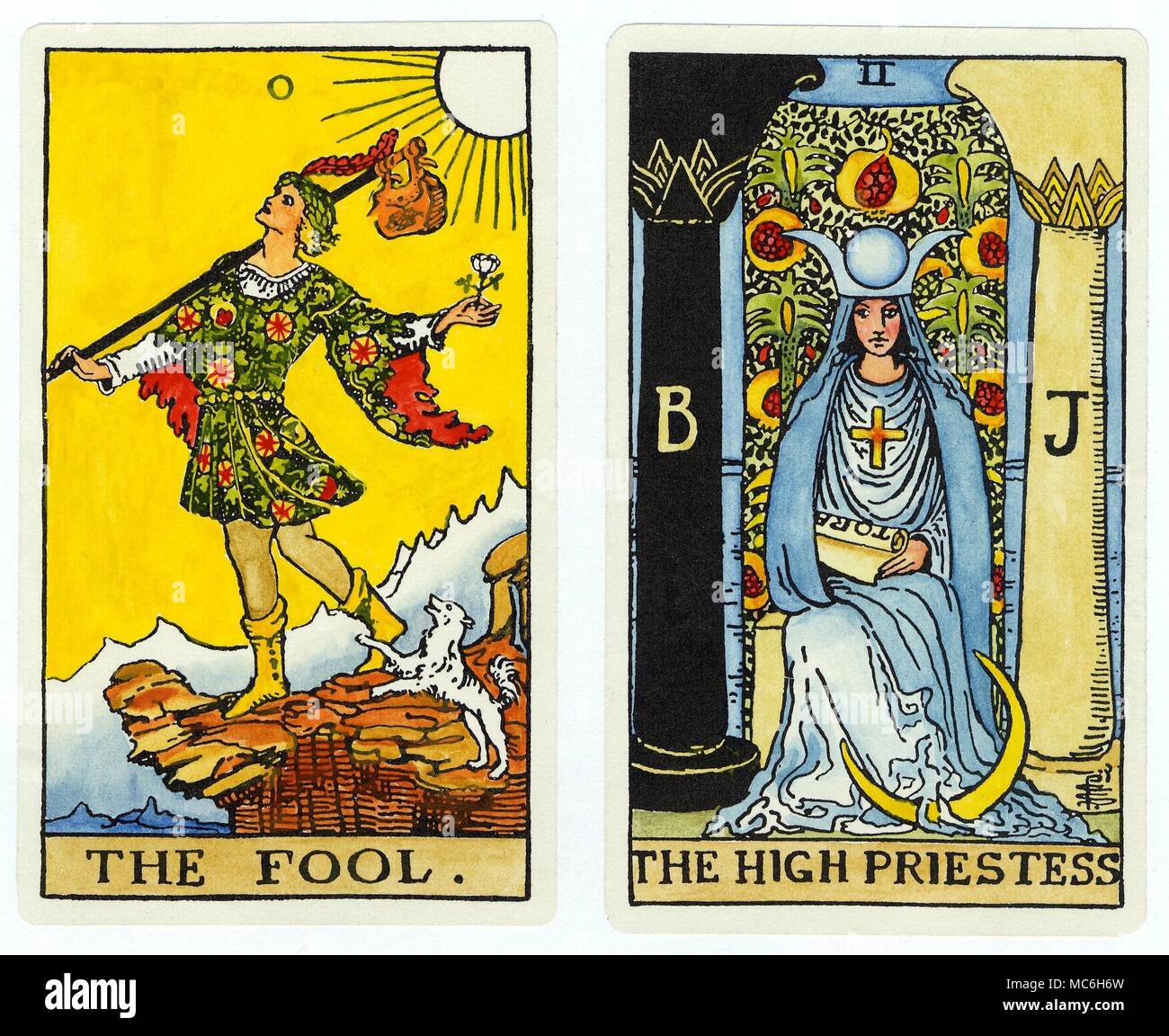 TAROT CARDS - HIGH PRIESTESS AND THE FOOL Two cards from the so-called Rider-Waite Tarot deck, designed by Pamela Colman. Card No. 2, The High Priestess and the zero card, The Fool. These cards are uniquely hand-coloured. Stock Photo