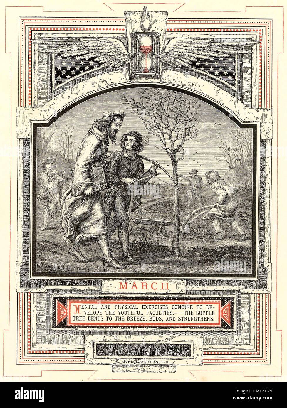 ASTROLOGY - MONTHS OF THE YEAR - MARCH The month of March, from the series by John Leighton, The Life of Man, 1866. The twelve signs (in this case Pisces) are associated with each of the months during which the Sun is in this zodiac sign. A distinctive stage in the twelve stages of Man's life is also linked with the image - in this case, March is linked with the Stripling and Apprentice. By the third month of the year, the winged hour-glass is running. Stock Photo