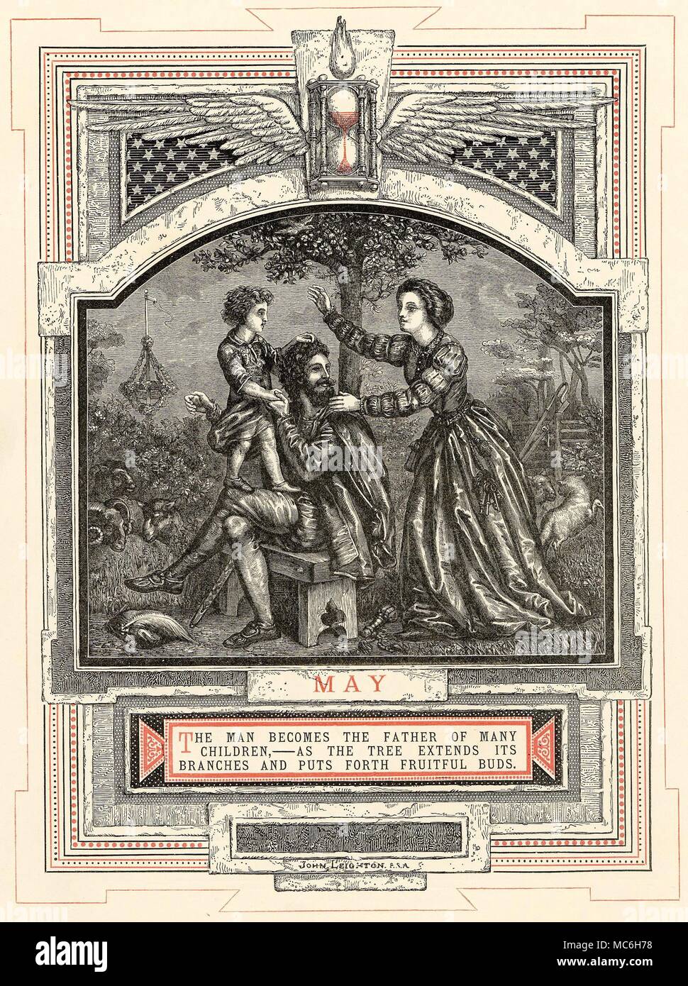 ASTROLOGY - MONTHS OF THE YEAR - MAY The month of May, from the series by John Leighton, The Life of Man, 1866. The twelve signs (in this case Taurus) are associated with each of the months during which the Sun is in this zodiac sign. A distinctive stage in the twelve stages of Man's life is also linked with the image - in this case, May is linked with the 'Man and Father'. By the fifth month of the year, the winged hour-glass is running well. Note the signs of the festivities of the Month - the maypole in the background, the leaping lambs, and so on. Stock Photo