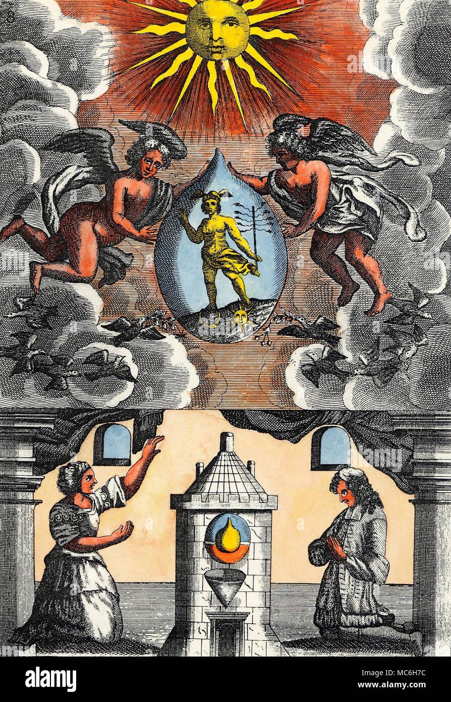 ALCHEMY - MUTUS LIBER, OR SILENT BOOK - PLATE 8. In the eighth plate, the themes seem to change, harking back to the symbolism of plate 2: it may be accidental, but in some printed versions of the Mutus, this plate is represented in mirror image (the figure 8 is not itself visibly changed, but instead of appearing in the top right, it is in the top left. The essential symmetry of the design is not disturbed by this reversal. In this progressed image, Neptune (still in the pendant dew) is transformed into Mercury, standing in triumph over Sun and Moon. An important resolution has been affec Stock Photo