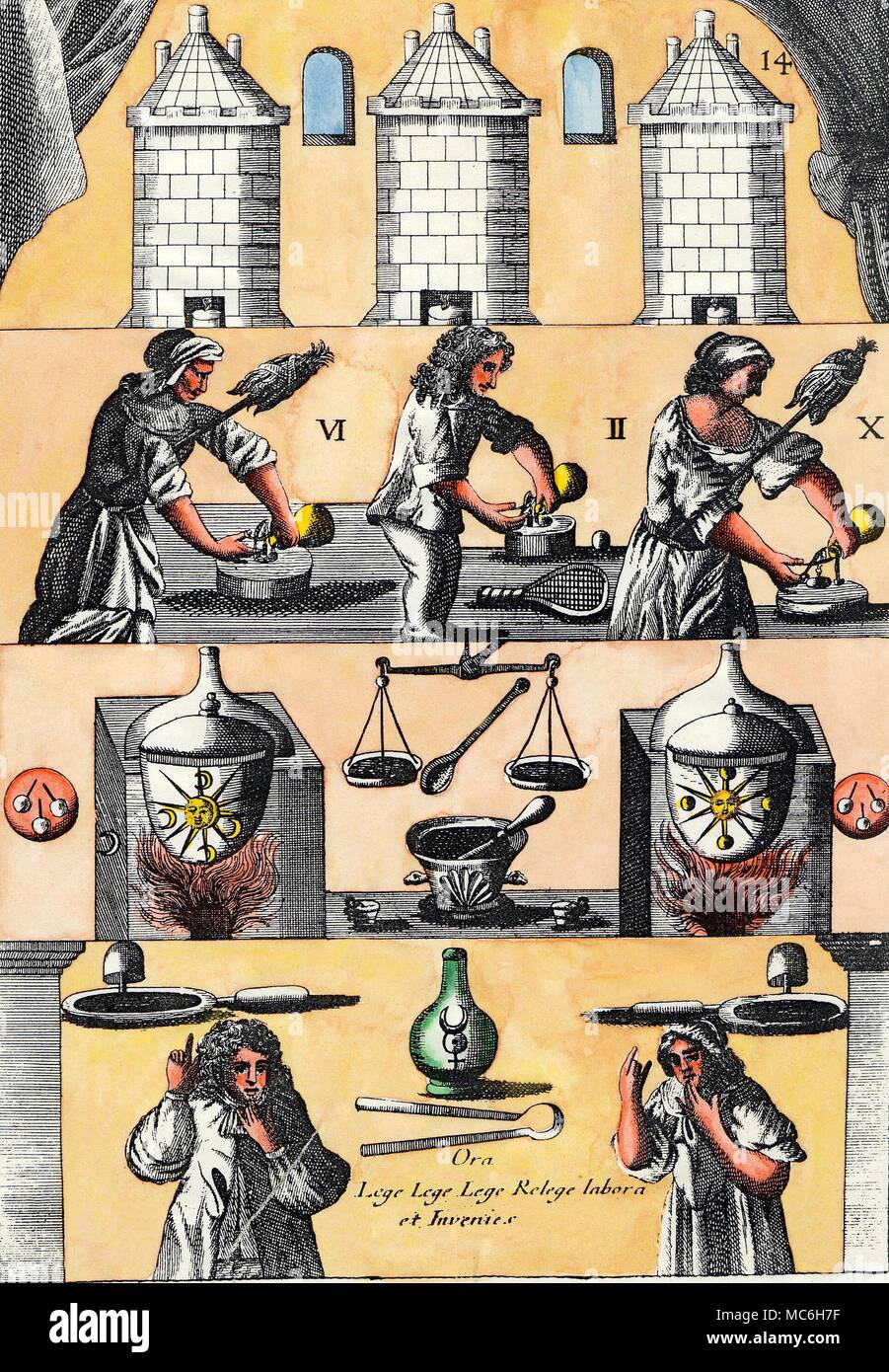 ALCHEMY - MUTUS LIBER, OR SILENT BOOK - PLATE 14. Plate 14 in the Mutus series is in some ways the most enigmatic. The emphasis in each of the top three registers is on the number 3 - the furnaces (the types of transformation), three people, and three distinct alchemical operations. This triadic symbolism seems to point to the three-fold man (Thinking Feeling and Willing) which is expressed in the Three Principles of Salt, Mercury and Sulphur, of the alchemical credo. This connexion is confirmed by the scales, in the middle of the third register down, for Mercury is the balance, the uni Stock Photo