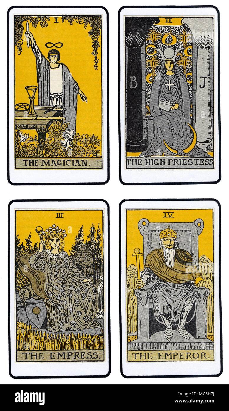 TAROT CARDS - THE DE LAURENCE DECK The first four cards of the De Laurence deck of the 22 Major pack of the Tarot: The Magician, The High Priestess, The Empress, and The Emperor. These are probably the first esoteric Tarot cards to be designed specifically for use in the United States of America. This series of cards is an adaptation of the designs drawn for the Order of the Golden Dawn by Pamela Colman Smith, under the supervision of A.E. Waite, by the American Rosicrucian, L.W. de Laurence, and were published in his work, The Illustrated Key To the Tarot, 1918. Stock Photo