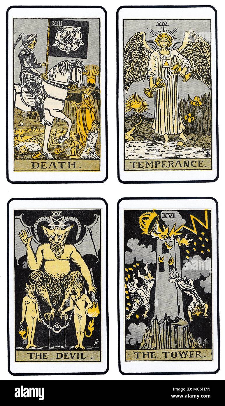 TAROT CARDS - THE DE LAURENCE DECK The fourth set of four cards of the De  Laurence deck of the 22 Major pack of the Tarot: the Death card,  Temperance, The Devil