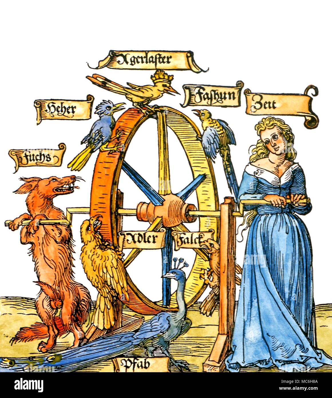 SYMB0OLS - WHEEL OF FORTUNE being turned by a lady and a fox (the higher and lower principles). Hand-coloured woodcut by Albrecht Durer, circa 1505 Stock Photo