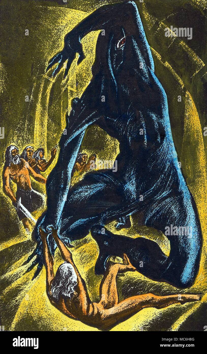 HAUNTINGS AND GHOST STORIES Hand-coloured lithographic illustration by Lynd Ward to the Anglo Saxon epic story of Beowulf, depicting the fight with Grendel, circa 1935. Stock Photo