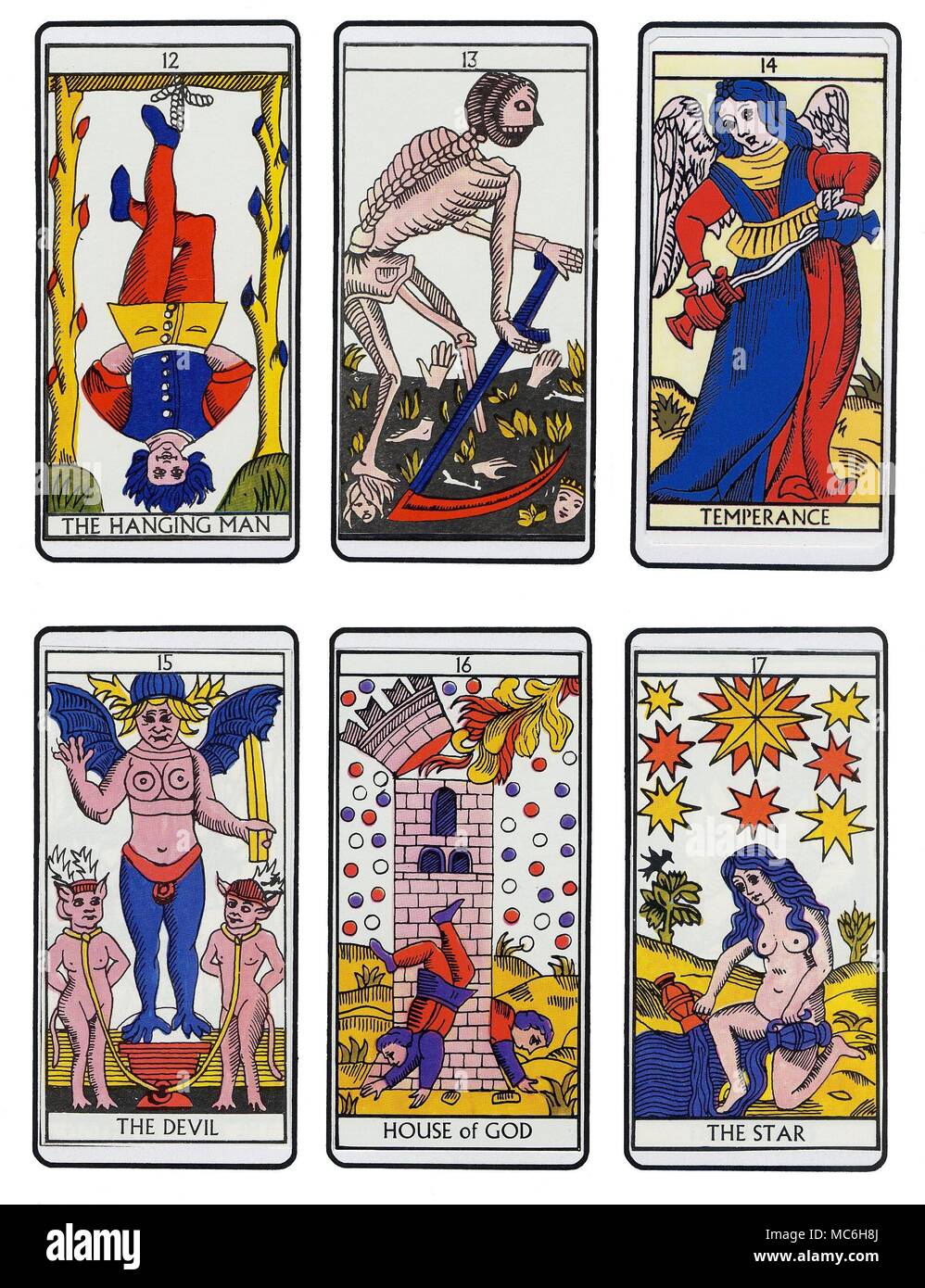TAROT CARDS - MODERN MARSEILLES DECK Six cards from a complete sequence of Tarot cards in the Marseilles tradition. Top, from left to right - The Hanging Man, the unnamed Death card, Temperance, The Devil, House of God and The Star. Stock Photo