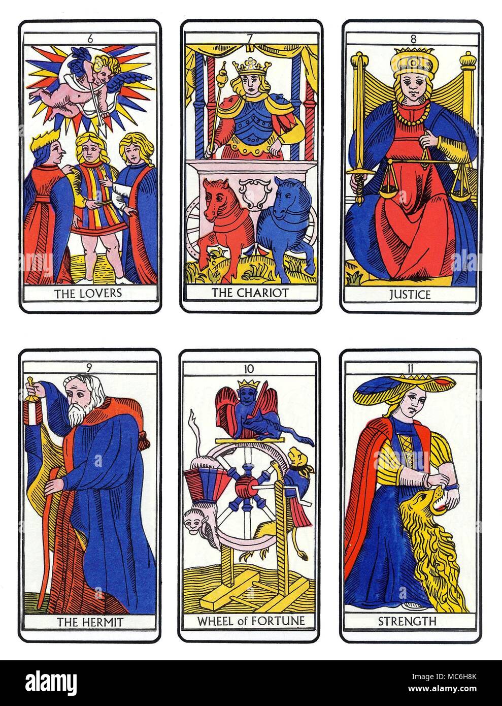 TAROT CARDS - MODERN MARSEILLES DECK Six cards from a complete sequence of Tarot cards in the Marseilles tradition. Top, from left to right - The Lovers, The Chariot, Justice, The Hermit, Wheel of Fortune and Strength. Stock Photo