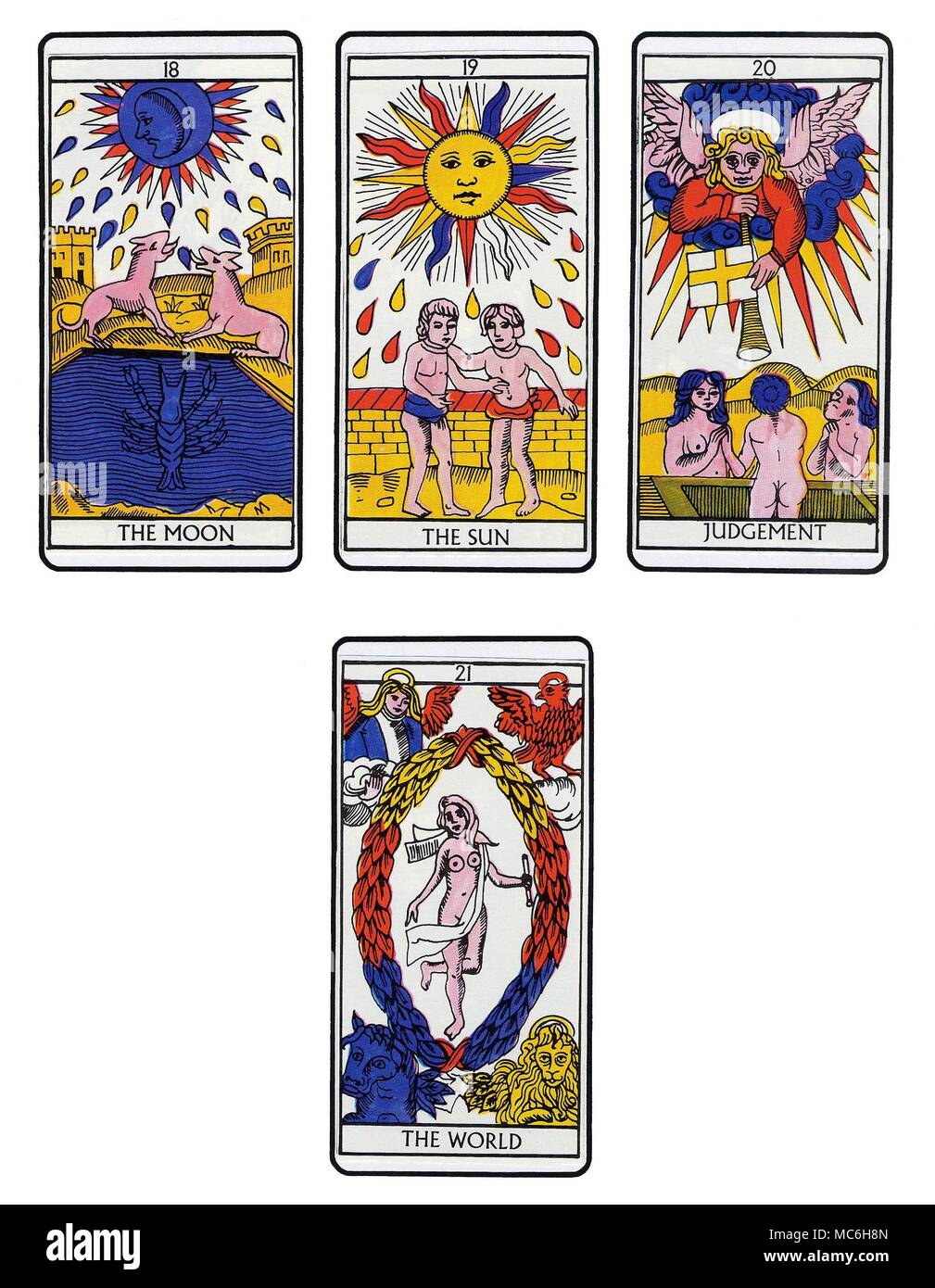 TAROT CARDS - MODERN MARSEILLES DECK Four cards from a complete sequence of Tarot cards in the Marseilles tradition. Top, from left to right - The Moon, The Sun, Judgement and The World. Stock Photo