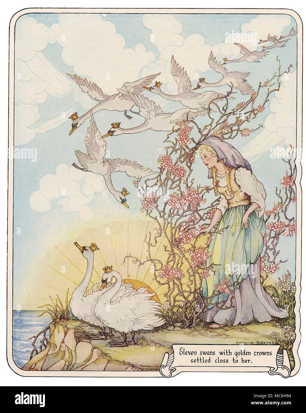 FAIRY TALES - WILD SWANS The eleven wild swans with royal crowns. Illustration by Doreen Baxter, for the tale, The Wild Swans, in The Fairy-Tale Omnibus. Stock Photo