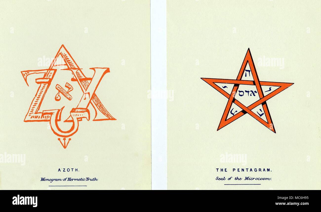 MAGIC SYMBOLS - THE AZOTH AND THE PENTAGRAM Magic symbols drawn up with specific reference to a study of the secret design of the Tarot deck. [Left] The Azoth, or monogram of Hermetic Truth, is a play on a combination of four Greek letters spelling out Azoch, and three Hebrew letters (one of which is from a secret alphabet), spelling out the word Azoth (the three-armed sigil at the bottom of the design is the letter Zain, the equivalent of Z, from a Hebrew magical alphabet). The central letter is the Hebew aleph, the equivalent of the letter A. [Right] The Seal of the Microcosm. The five-p Stock Photo