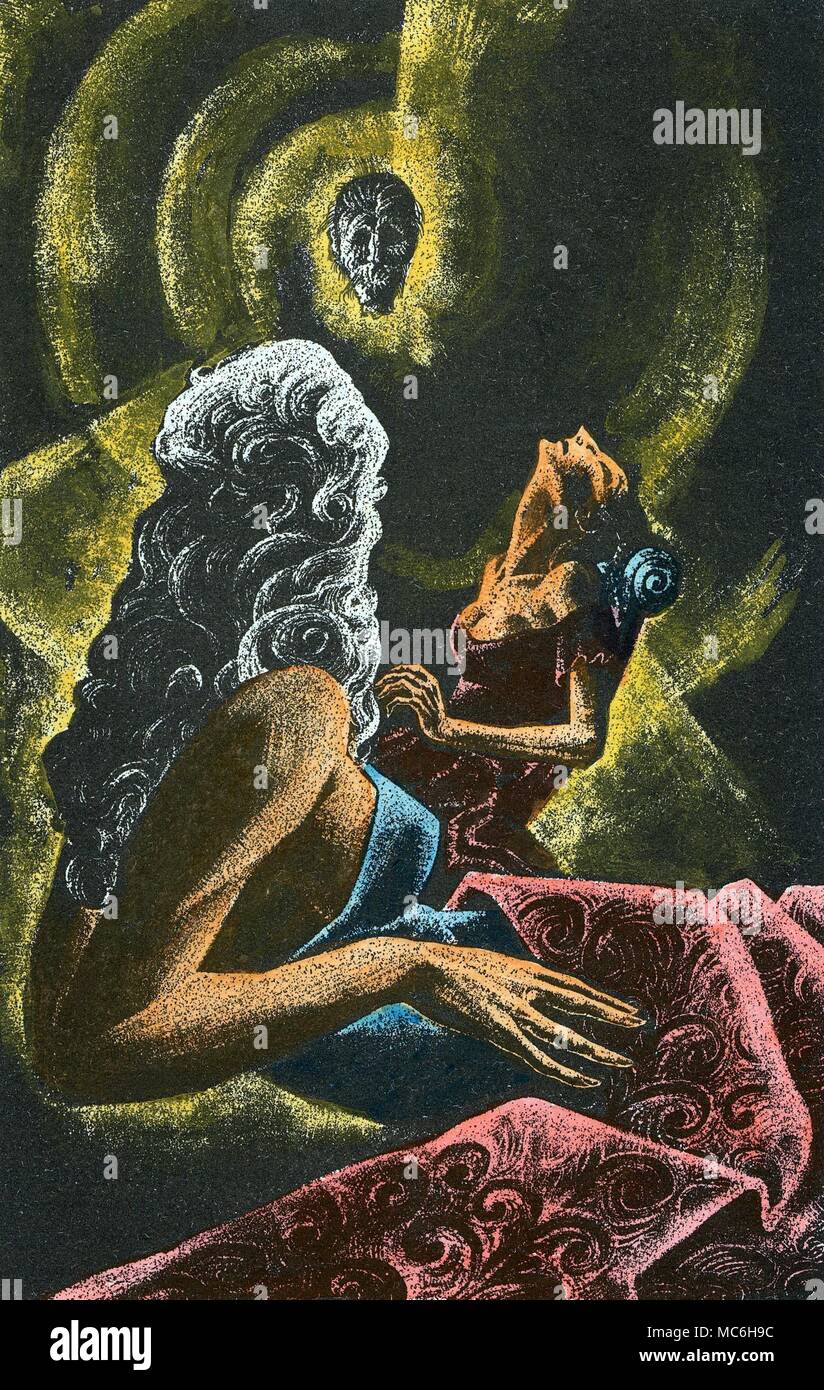 HAUNTINGS AND GHOST STORIES Hand-coloured lithographic illustration by Lynd Ward to Wilkie Collins classical haunting story, The Haunted Hotel, circa 1935. Stock Photo