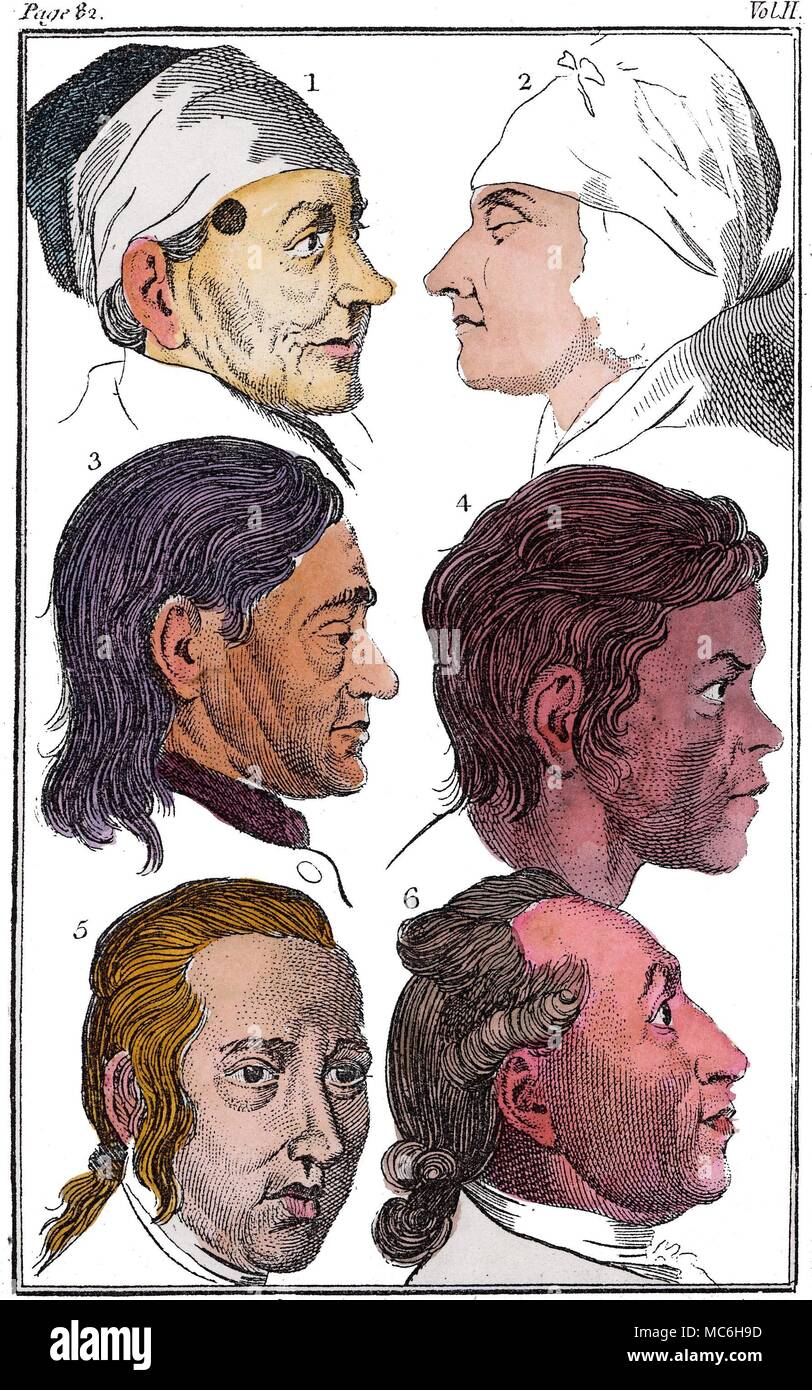 PHYSIOGNOMY - LAVATER Six 'physiognomic' examples of heads, in relation to different racial types, from a plate in the 1790 edition of Johann Kaspar Lavater (1741-1801) Physiognomische Fragmente, which he wrote with the assistance of Goethe. This plate relates to page 82 of Volume II of the English translation, wherein the six heads are discussed. Stock Photo