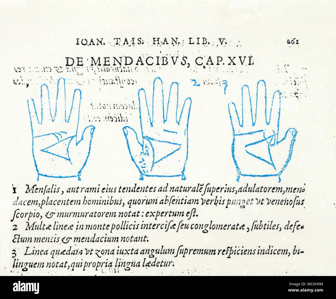 PALMISTRY Example of late mediaeval palmistry - three diagrams depicting the relationship of the three main lines in relation to mendacious people. From Johannes Taisniers, Absolutissimae Chyromantiae, 1632. [Left diagram] When the Heart line (formerly called the Mensal) ends in rays that pour towards the Head line, this is taken as a sign of mendacity, and of one who will end to commit adultery. [Middle diagram] When here are a number of small lines on the ball of the thumb (Mount of Venus), this is a sign of a defective mentality, and of mendacity. [Right diagram] a curious line curv Stock Photo