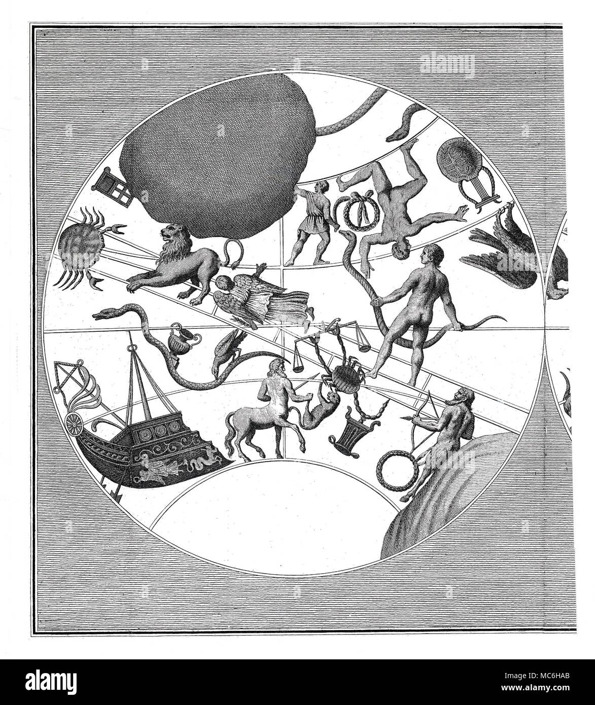 CONSTELLATIONS Constellational map, with the asterism surrounding the zodiacal belt, from Cancer the Crab to Sagittarius, by way of Virgo. Engraving by L.P. Boitard, from Lord Shaftesbury, Characteristics of Men, Manners, Opinions, Times, 1713. Distinctive asterisms include Argo, the Centaur, grasping Bestia, and Serpentarius. Please note that the corresponding series of asterisms is continued in another plate, in such a way as to permit overlapping, to form a two-globe image. Stock Photo