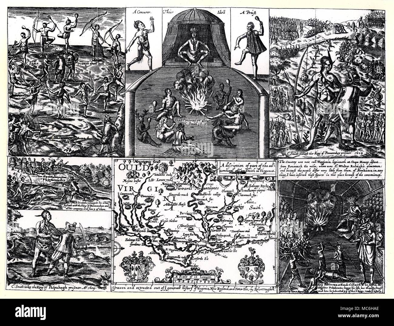 NORTH AMERICAN INDIANS - IDOLS AND MAGICIANS Fold out engraving depicting incidents in the life of the inhabitants of the new-founded Virginia, New England, from Smith's Generall History of Virginia, engraved by Roert Vaughan. Top left, Captain John Smith is captured by Indians, who dance around him. Top centre, a conjurer and priest dance on either side of an Idol, that looks on as a group of magicians practise their conjurations around Smith (an event which occurred in 1602). Top right, Captain Smith captures the Indian King, in 1603. Bottom left - Smith captures the King of Paspahegh, Stock Photo